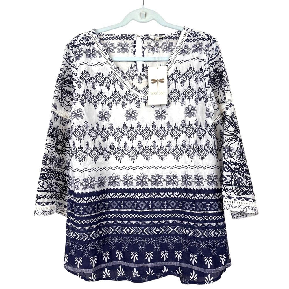 Tyler Boe Womens S White Blue Cotton 3/4 Sleeve Tunic Blouse Boho NWT